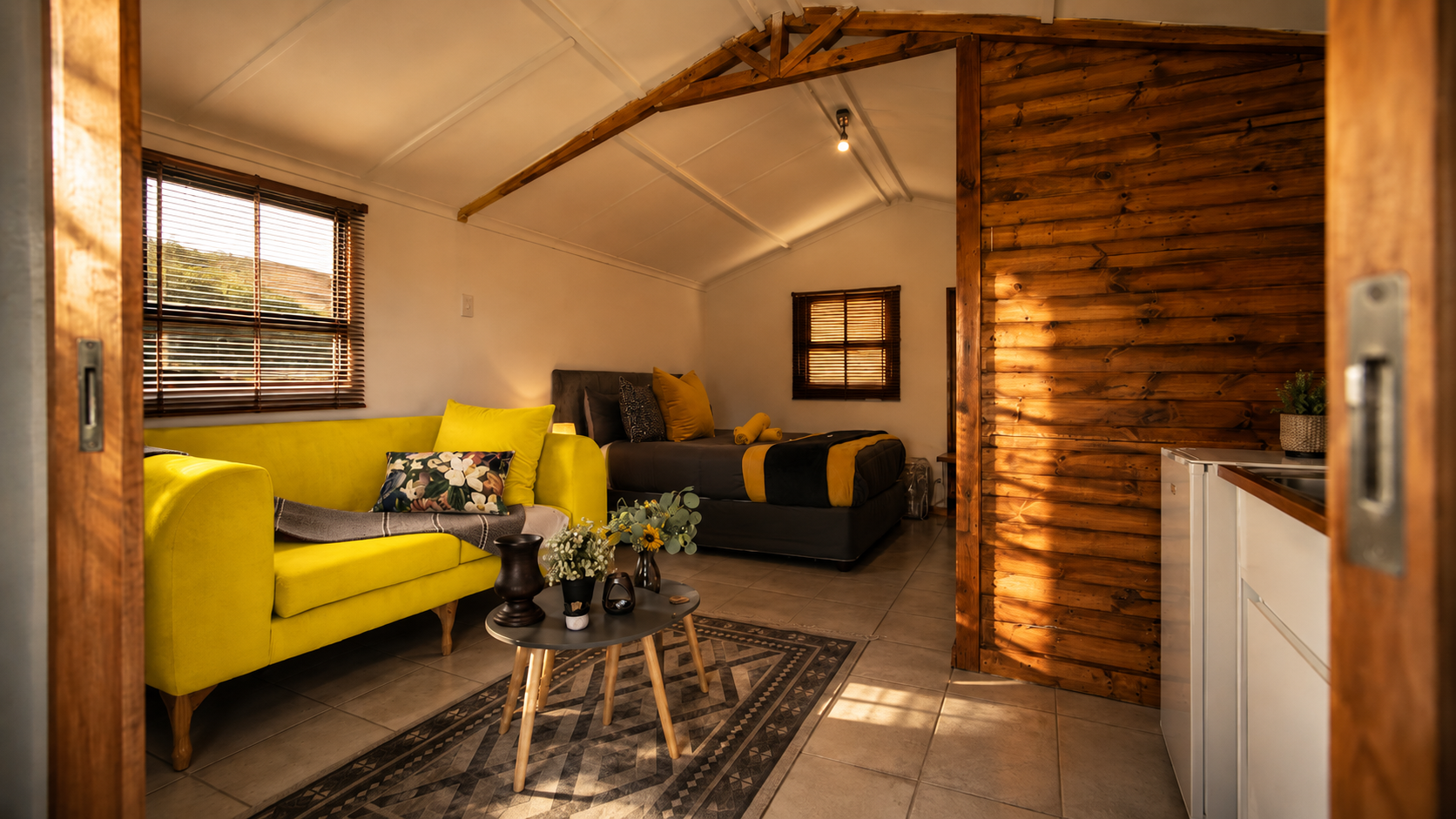 Caleb's Farm Cabins interior with warm cabin styling